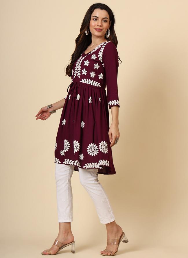 Rayon Wine Festival Wear Embroidery Work Readymade Kurti